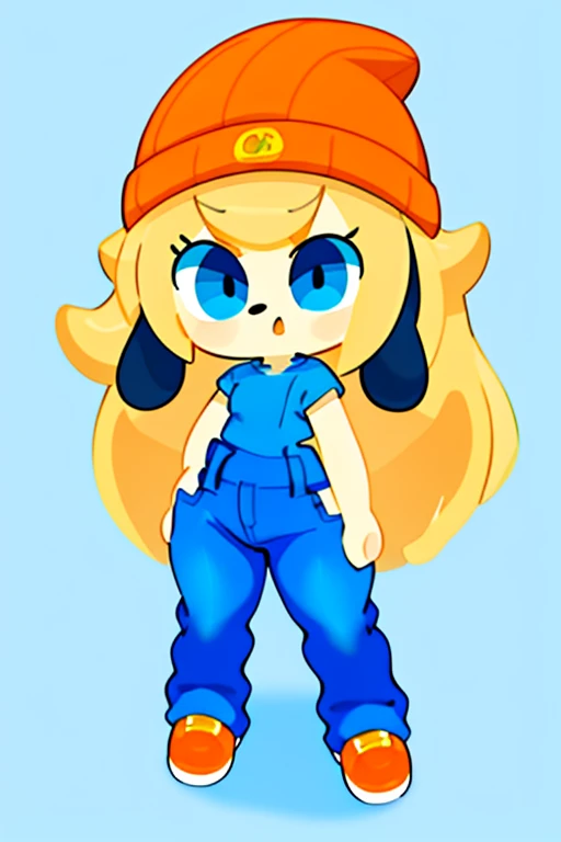 1girl,blue dog ears blue dress White socks black shoes black eyes blonde hair  blue bow wearing a blue shirt, body jeans, pants, Orange beanie red shoes out of