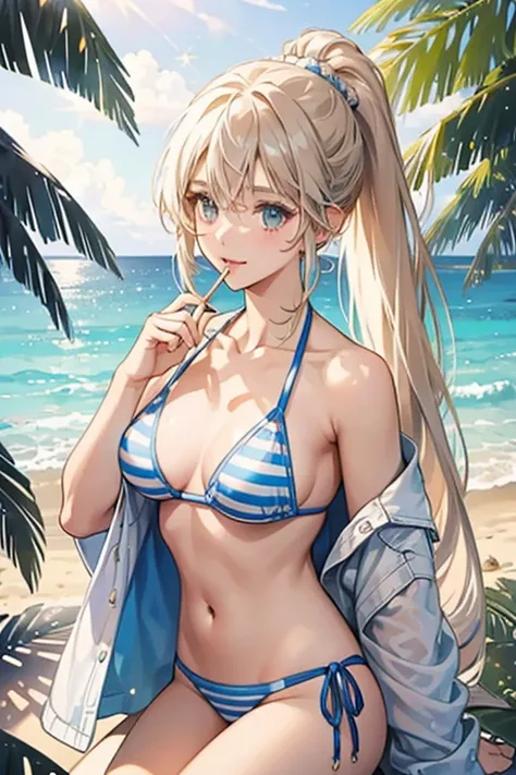 The third Nymph has long hair tied in a ponytail and wears a straw-colored bikini with white stripes. SPARKLE; GLITTER