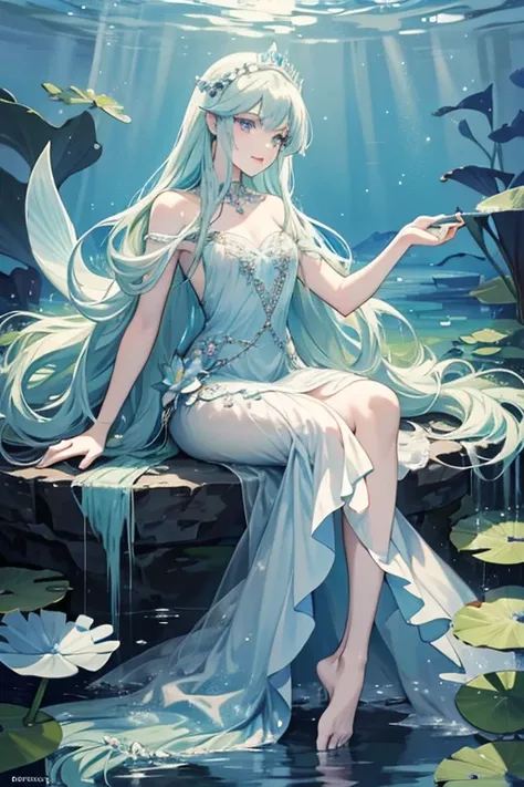 She has long hair that seems to resemble seaweed. The base of her gown looks like a mermaids tail, and has bare feet poking out from the bottom of her dress. She also wears what seems to be a water lily tiara with pearls to show her royal status. She has v...