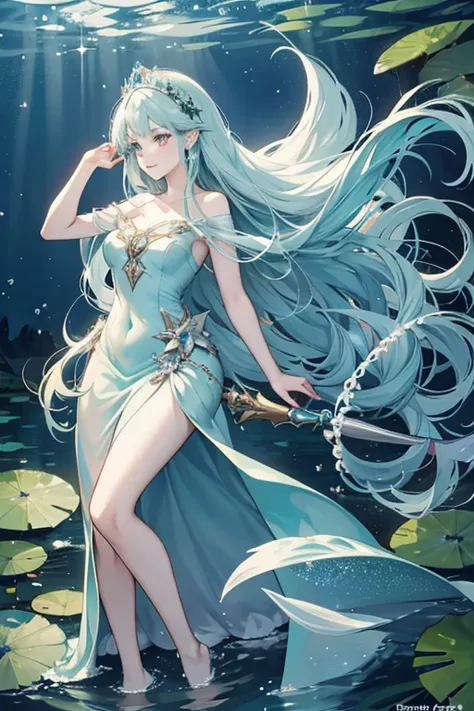 She has long hair that seems to resemble seaweed. The base of her gown looks like a mermaids tail, and has bare feet poking out from the bottom of her dress. She also wears what seems to be a water lily tiara with pearls to show her royal status. She has v...