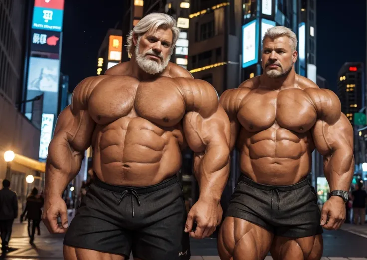 Wide medium shots, ground level camera shot, (best quality,4k,8k,highres,masterpiece:1.2),ultra-detailed,(realistic,photorealistic,photo-realistic:1.37),((massive muscular)) ((huge Muscular)) old man standing in City night,  shorts , white hair, super thic...