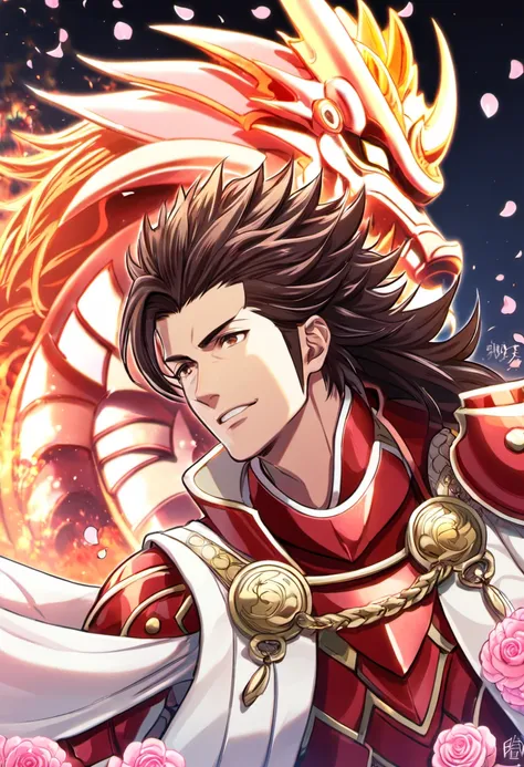 absurdres, highres, ultra detailed, HDR, master piece, best quality, Ryoma, dark brown hair, expressive brown eyes, Fire emblem fates, 1man, handsome, pink petals, pink flowers, pink butterflies, red armor, white haori