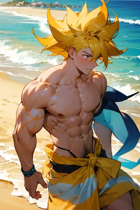 Hombre, muscular, pelo amarillo, gay , en la playa 