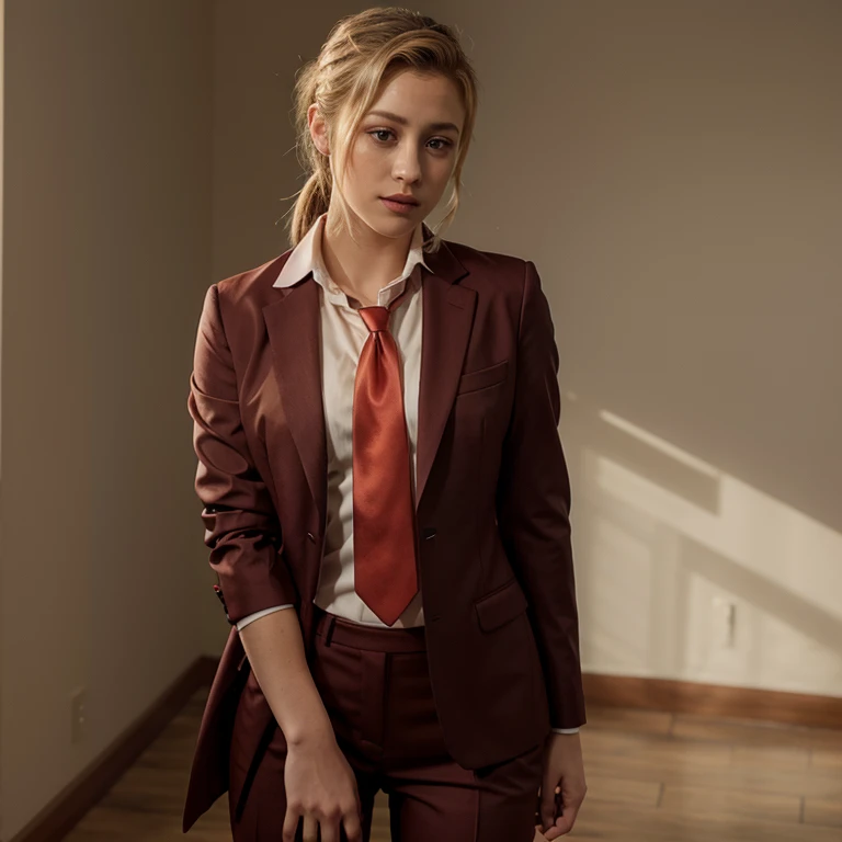 Lili Reinhart dressed in a suit and red tie