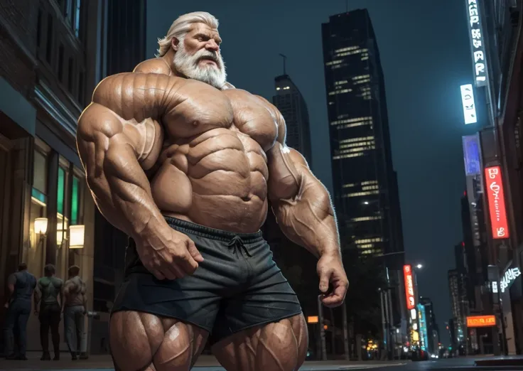 Wide medium shots, ground level camera shot, (best quality,4k,8k,highres,masterpiece:1.2),ultra-detailed,(realistic,photorealistic,photo-realistic:1.37),((massive muscular)) ((huge Muscular)) old man standing in City night,  shorts , white hair, super thic...