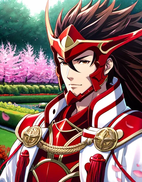 absurdres, highres, ultra detailed, HDR, master piece, best quality, Ryoma, dark brown hair, expressive brown eyes, Fire emblem fates, 1man, handsome, pink petals, garden, red armor, white haori