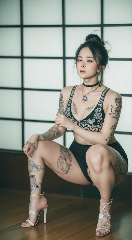 ((best quality, 8K, masterpiece :1.3)), sharp focus :1.2, Korean sexy slim girl. 18 years, white tattoo. Perfect body beauty:1.4. slim abs:1.2. ((messy bun)), necklace, ((. High heel)) sit and squat. tomboy women, spread your thighs. show me yours . in fro...