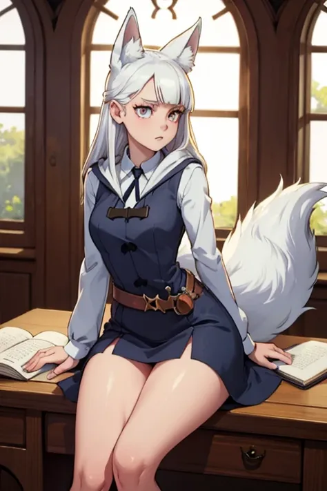 A white haired female witch with copper eyes and white fox ears and a white fox tail in a conservative witchs uniform is studying at a desk
