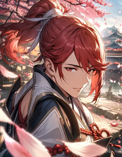 Ultra detailed, highres, absurdres, HDR, Subaki, red eyes, red hair tied in a ponytail, Fire Emblem Fates, 1 man only, handsome, petals, pink leaves, spring, white feathers