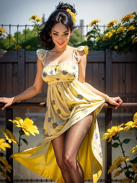 woman, 32 years-old,vintage pin-up,black hair,bangs,ponytail,little smile,((((fence soft yellow dress printed with white flowers)))),pantyhose,studio lights