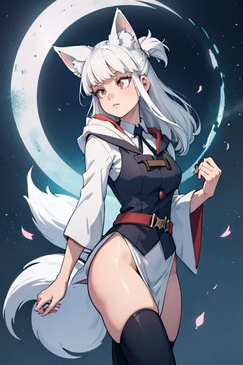 A white haired female witch with copper eyes and white fox ears and a white fox tail in a conservative witchs uniform is playing with a ball of white magic