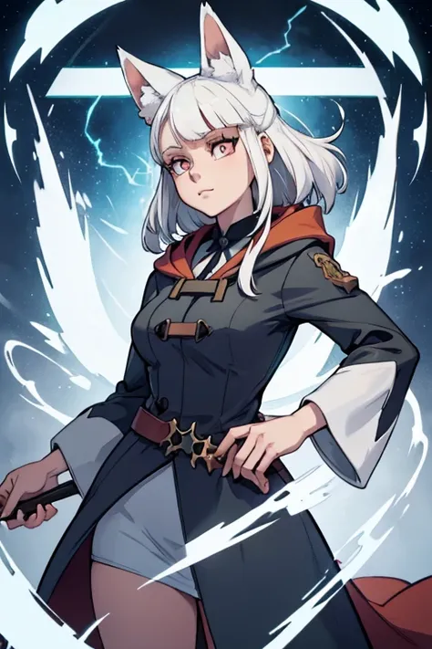 A white haired female witch with copper eyes and white fox ears and a white fox tail in a conservative witchs uniform is playing with a  white ball of magic