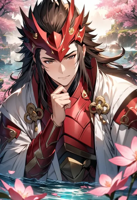 absurdres, highres, ultra detailed, HDR, master piece, best quality, Ryoma, dark brown long hair, expressive brown eyes, Fire emblem fates, 1man, handsome, water, pink petals, pink flowers, pink butterflies, white haori