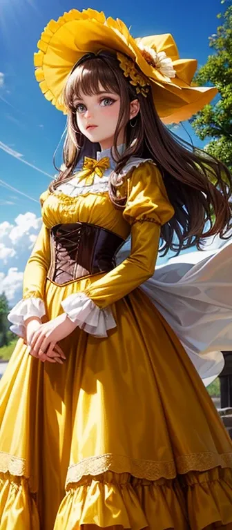 Woman princess, has honey brown hair, wears a flowered hat tied to a ribbon, yellow corset, is wearing a yellow dress with ruffles and a long skirt, with a gray satin cape and has realistic emerald green eyes, realistic style 