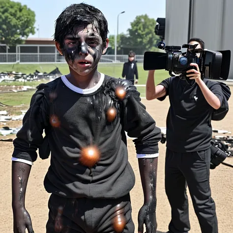 Filming a comedy movie set in a school、A boy actor covered in soot and in tatters after an explosion