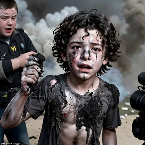 A boy actor is caught in an explosion during the filming of a comedy movie and is left covered in soot and in tatters.