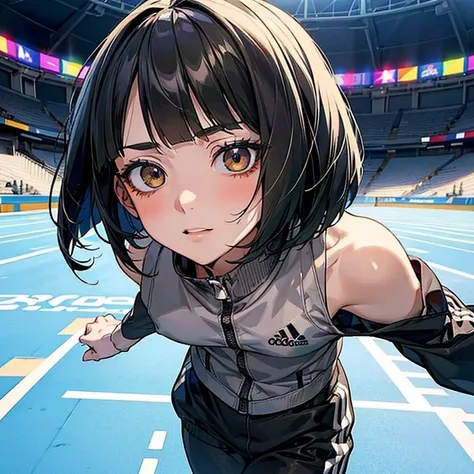 masterpiece、delicate details、tracksuit、Adidas Clothing（zip up）、smaller breasts、thin waist、athlete、leggings、Slender beauty、Your face is so cute、Bangs Patsun、Cropped bob cut、long eyelashes、Big eyes、athletics stadium