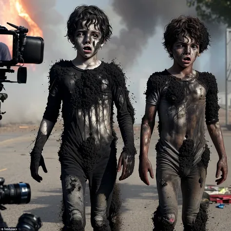 two boy  actors are caught in an explosion during the filming of a comedy movie and are left covered in soot and in tatters.