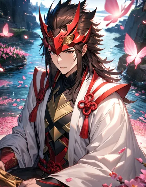 absurdres, highres, ultra detailed, HDR, master piece, best quality, Ryoma, dark brown long hair, expressive brown eyes, Fire emblem fates, 1 dult man, extremely handsome, water, pink petals, pink flowers, pink butterflies, white haori