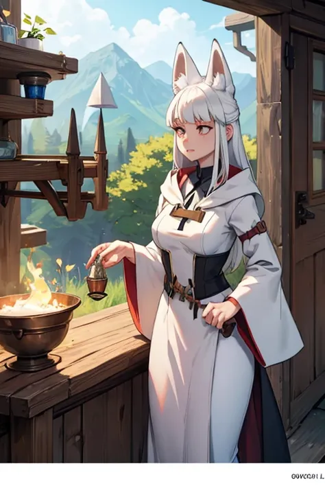 A white haired female witch with copper eyes and white fox ears and a white fox tail in a conservative witchs uniform is making a potion in an outside lab