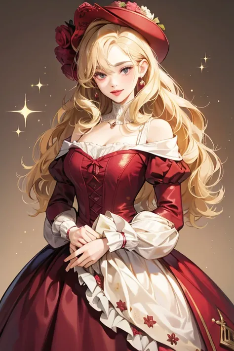 She has light blonde, curly hair and wears lipstick. Her dress is a faded maroon color and she wears a hat with a bouquet on it. She has clothes popular in the 1700s. SPARKLE; GLITTER