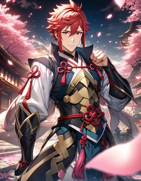 Ultra detailed, highres, absurdres, HDR, Subaki, red eyes, red hair, Fire Emblem Fates, 1 adult man only, handsome, pink petals, pink flowers, pink butterflies,