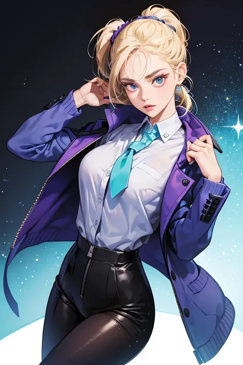 Natalia is introduced wearing a light blue cardigan over a white shirt and a purple pleated shirt. Her blonde hair is tied back into a pony tail. After she reveals that she is a spy, Natalia wars her hair up and over her face and changed into a brownish-gr...