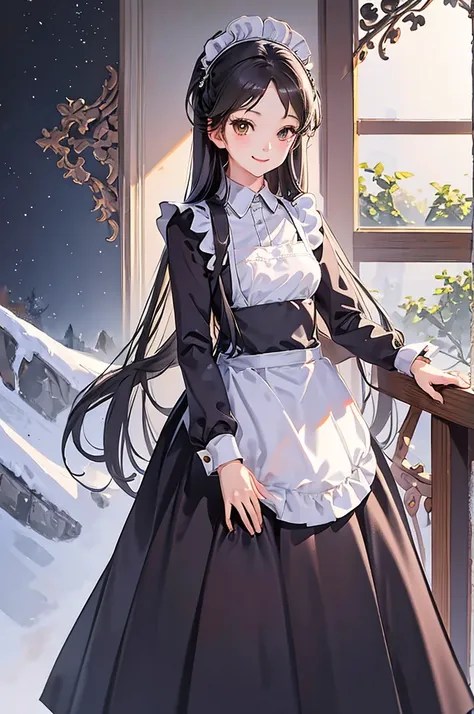 anime girl, long hair, black hair, brown eyes, maid dress, long sleeve, long skirts, smile, room background