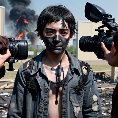 Filming a comedy movie set in a school、A boy actor wearing charred, tattered clothes covered in soot from an explosion