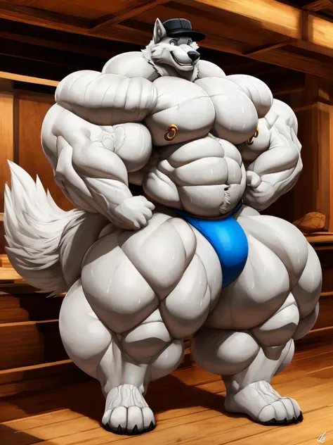 4k, high resolution, best quality, perfect lightning, perfect, solo, anthro, young, boy,white wolf:2.0, furry body, (fluffy mane:1.2), fluffy tail, male, adult, (bulky2:0, thick muscles2:0, huge muscles:2.0, hyper muscles:2.0), (thick biceps, veiny biceps,...