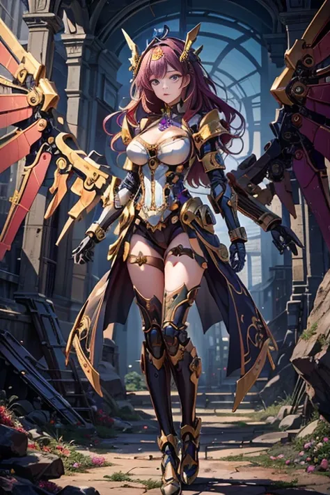 (Top quality: 1.2, Masterpiece) An Extremely Surreal Steampunk Battle Robot Fallen Angel emerges, clad in an intricately designed mechanical frame, adorned with Japanese motifs and summerian details. Her large, metal wings spread wide, a sight to behold in...