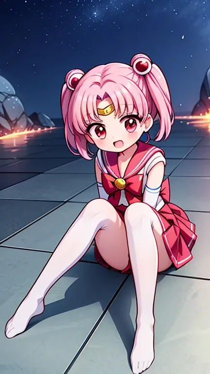 Sailor Moon，childhood，Young，Seven years old，Cute little loli，Pink hair twintails，red eyes，short hair，Sailor suit，bow tie，White elbow gloves，Red Skirt，sitting，no shoes，Open your mouth，laughing out loud，white pantyhose