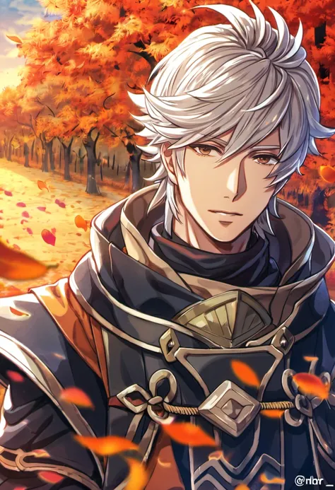 Ultra detailed, highres, absurdres, HDR, Shura, brown eyes, white hair, Fire Emblem Fates, 1 adult man only, extremely handsome, orange leaves, autumn, petals,