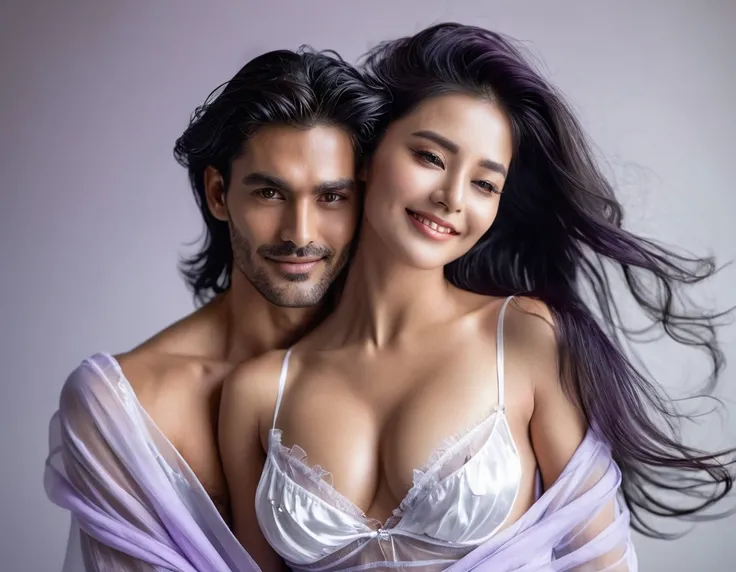 (((Two people)))A beautiful woman is on the left side of the picture.Head tilted back with passionate eyes,Dark black neat long hair hanging back(shiny hair), Wearing a white transparent gauze silk nightgown,full breasts.Revealing dark purple underwear.A h...