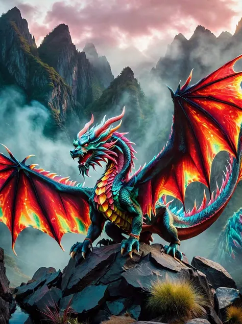 a vibrant, multi-coloured dragon with shimmering scales and majestic wings landing in a gloomy, eerie landscape known as the dev...