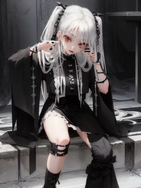 Masterpiece, best quality, high quality, ultra detailed, 1girl, looking at viewer, white hair, gray eyes, black lipstick, black shirt, sitting on a white floor, demon girl, gothcore, 1 3 - year - old, goth girl, japanese gothic, gothic punk style, black me...