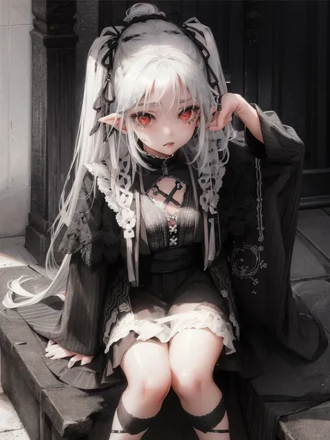 masterpiece, best quality, high quality, ultra detailed, 1girl, looking at viewer, white hair, gray eyes, black lipstick, black ...