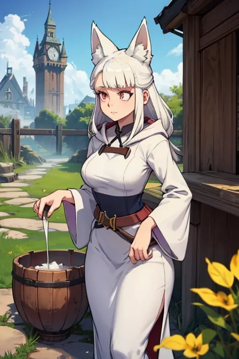 A white haired female witch with copper eyes and white fox ears and a white fox tail in a conservative witchs uniform is making a potion in an outside lab