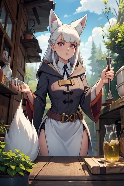 A white haired female witch with copper eyes and white fox ears and a white fox tail in a conservative witchs uniform is making a potion in an outside lab