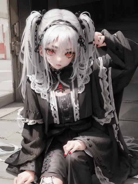 masterpiece, best quality, high quality, ultra detailed, 1girl, looking at viewer, white hair, gray eyes, black lipstick, black ...