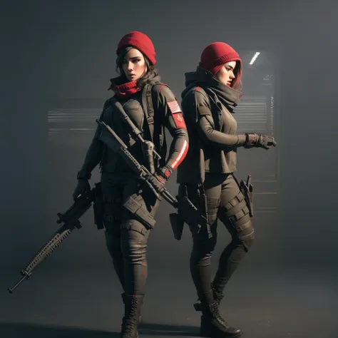 circular brand with red and white color scheme inspired in call of duty saga and military style with a girl operator full body i...