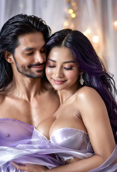 (((Two people)))A beautiful woman is on the left side of the picture.Head tilted back with passionate eyes,Dark black neat long hair hanging back(shiny hair), A beautiful woman wearing a white sheer silk gown,full breasts.Revealing dark purple underwear. (...