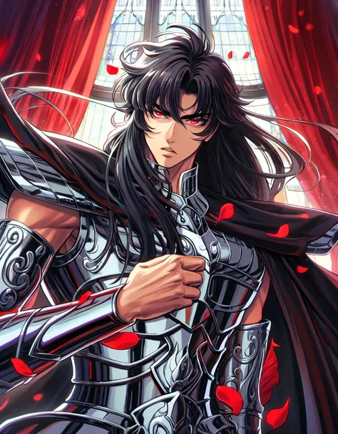 absurdres, highres, ultra detailed, HDR, master piece, best quality, Hades, untamed black long hair, expressive red eyes, Saint Seiya, 1man, handsome, window, red curtains, red petals, silver armor, black cape