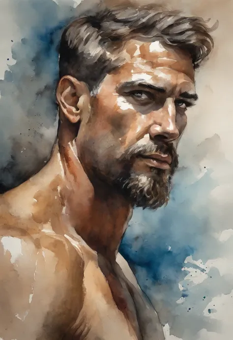 chiaroscuro technique on impressionist illustration of an masculine, Pantheon male model, handsome Roman, he is the god of war, he is Ares, Mars, evil-color, strong look, light blue eyes, strong jawline, dressed as a gladiator, ancient gladiator, male glad...