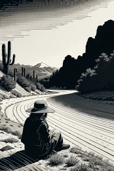 R - Roll: Act as an AI artist specialized in creating vector art.
I - Specific Instructions: Create a (woodcut style:1) high desert pastoral scene.
S - Specific Steps: 
   1. Use black and white colors only.
   2. Employ a monochrome (woodprint style:1).
 ...