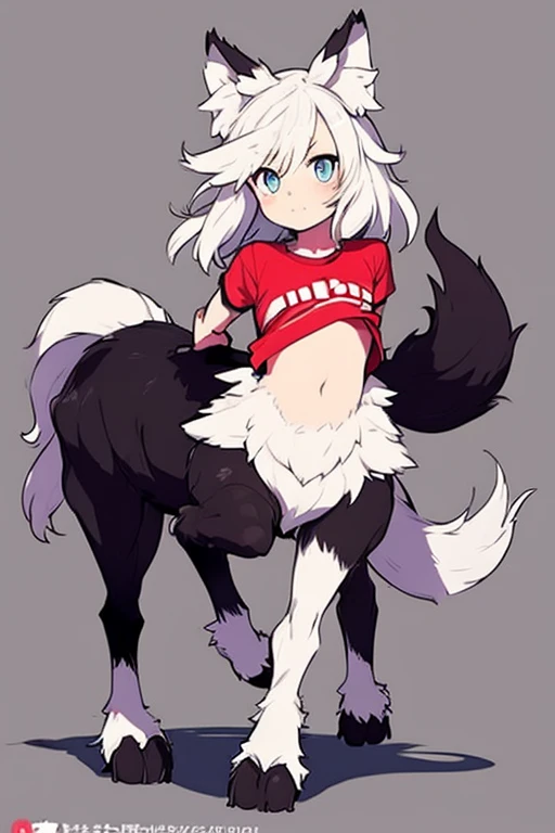 wolf girl、2 Men Arms、Four wolf legs、quadrupedal walking、delicate、delicate face、wolf ears、Silvery white hair and body hair、flat chest、T-shirt、exposure of the abdomen、sharp eyes、Super high quality