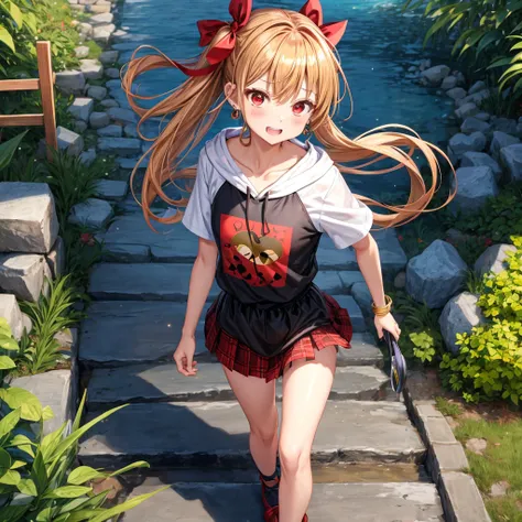 Brown, red, gold, golden hair、red eyes、one good looking girl、solo、anime、plaid mini skirt、black camisole、black t-shirt、hoodie、wearing a ribbon、ribbon at waist、Crystal Earrings、treasure石のネックレス、Light and shadow、Tilting face、teeth are visible、pillar、kind face、...