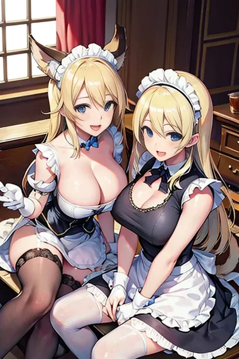 Star Works, best quality, high resolution, Lucy Heartfilia, blonde hair, Double tail, Big breasts,[[[Close-up cleavage]]]] black stockings, maid outfit , Cowboy shooting, indoors, sitting, lend a helping hand, Smile, open mouth,