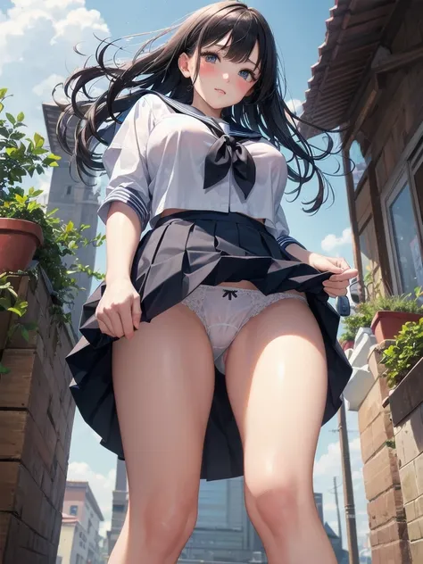 very cute and beautiful girl,(highly detailed beautiful face and eyes:1.2), huge breasts, (((blush))), (sailor school uniform), (navy blue pleated mini skirt:1.15), leaning forward, from below, (white panties, lift skirt, pantie shot, blush,) (town overvie...