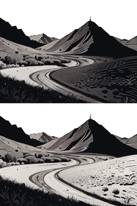 R - Roll: Act as an AI artist specialized in creating vector art.
I - Specific Instructions: Create a (woodcut style:1) high desert pastoral scene.
S - Specific Steps: 
   1. Use black and white colors only.
   2. Employ a monochrome (woodprint style:1).
 ...